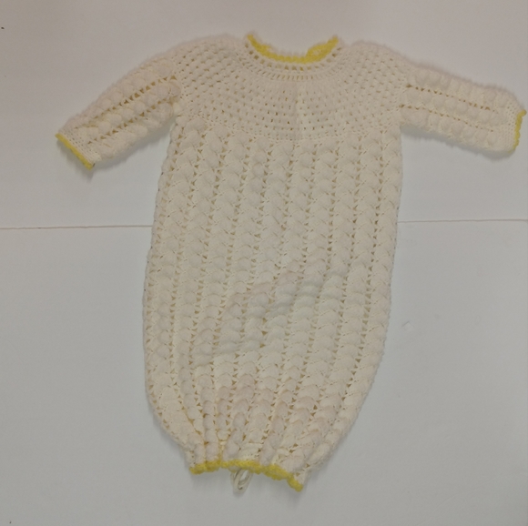 Vintage Hand Crochet Baby Gown White w/ Yellow Trim - Picture 3 of 8